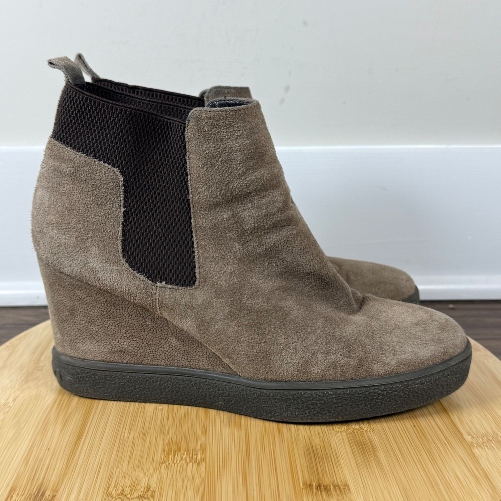 Aquatalia Wedge Bootie Womens 9.5 Taupe Suede Italian Ankle Boot Quiet Luxury